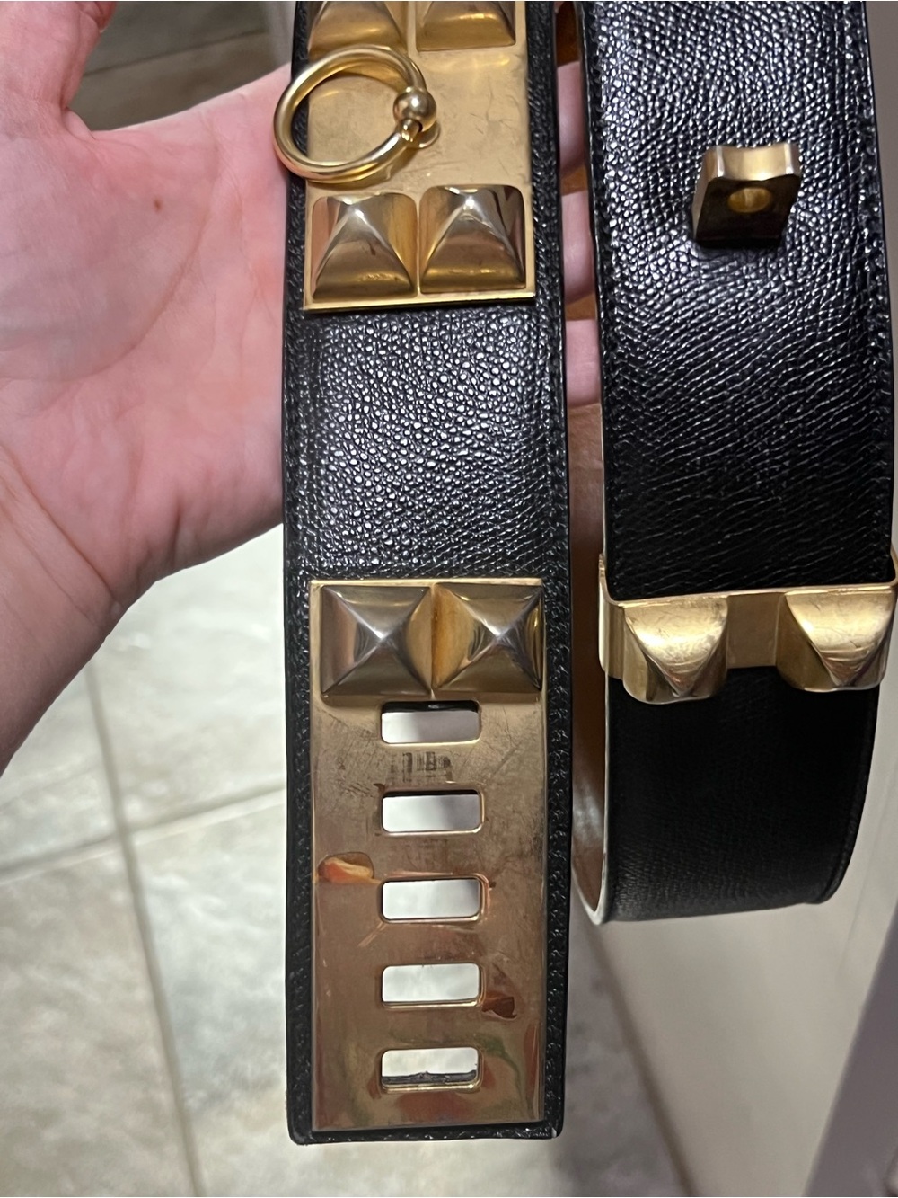 Hermes Black Leather Belt with Gold Pyramid Hardware